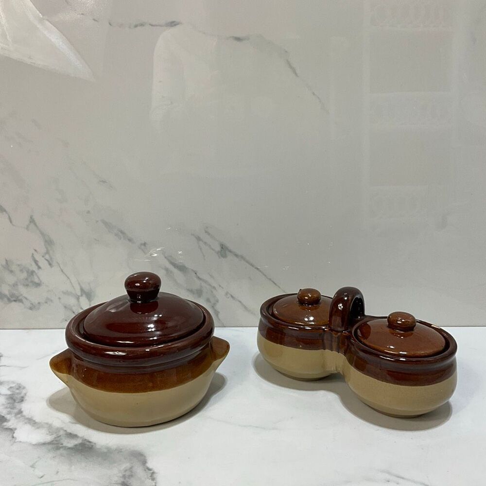 VINTAGE Taiwan Pottery Soup Crock and Double Condiment Bowls With Lids